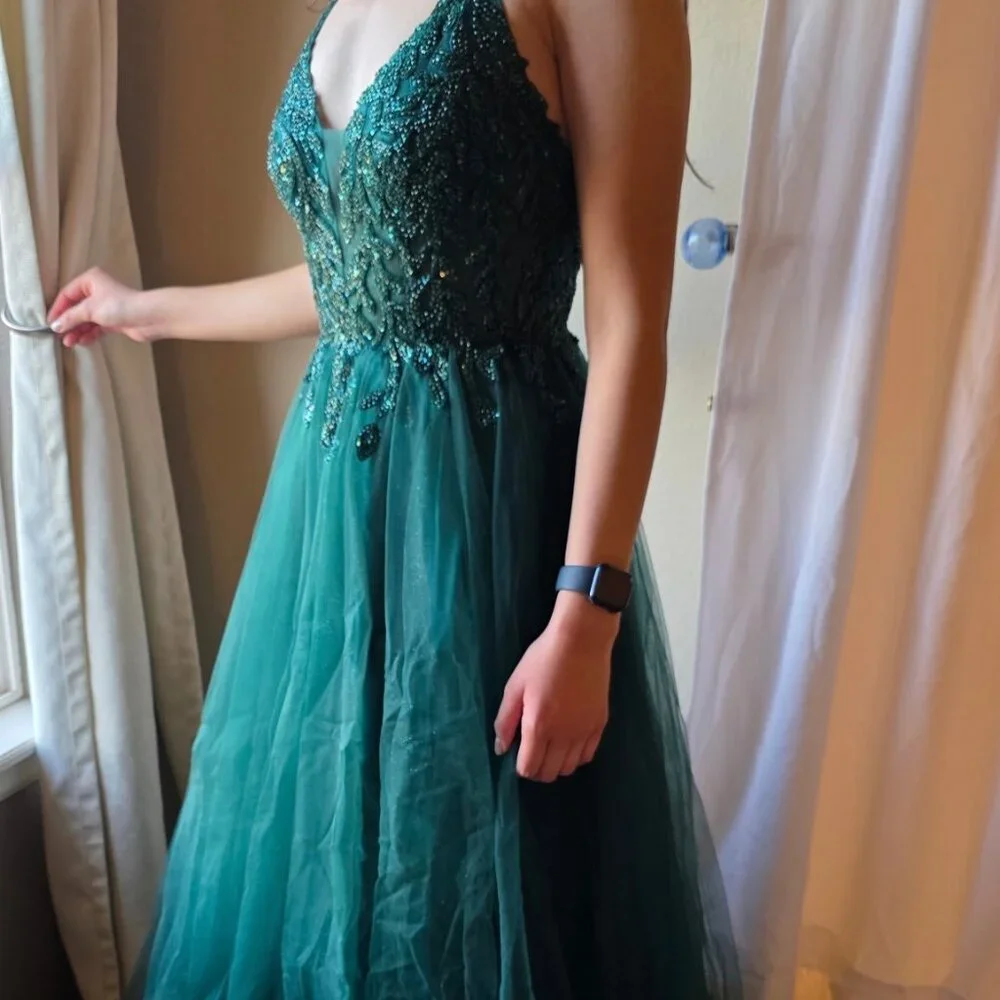 slim fit dress slacks Green Ruffled Off Shoulder Rhinestone Tulle Prom Dress